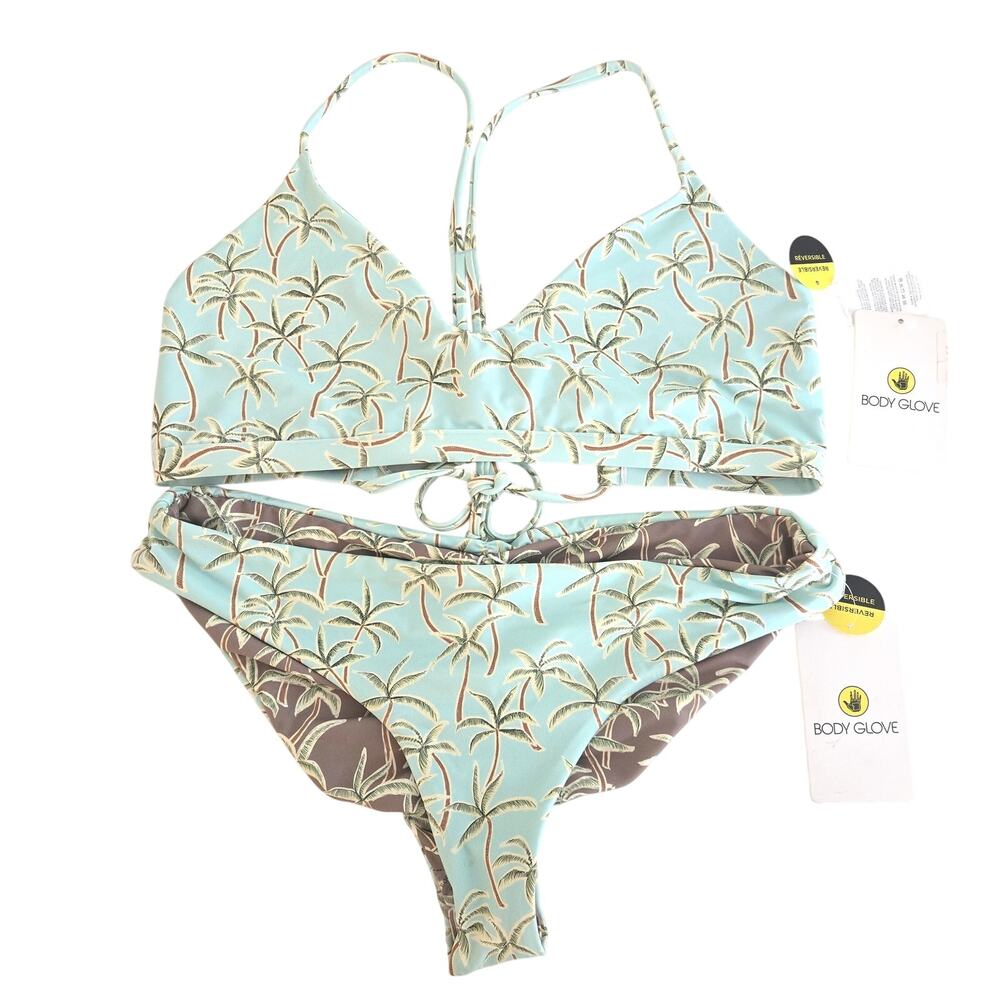 Body Glove Mint & Brown Reversible Palm Tree Bikini Swimsuit Set Size M